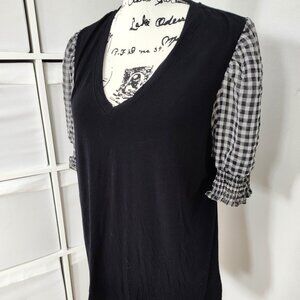 Laundry by Shelli Segal Women's XL Black V-Neck Top w/ Gingham Puff Sleeves